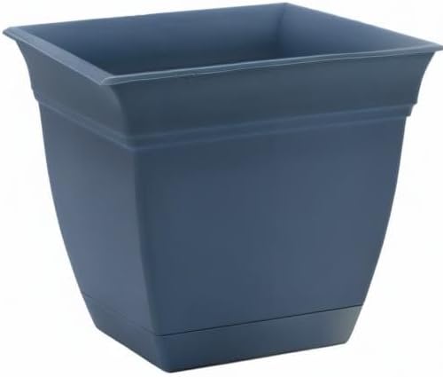 The HC Companies 12 Inch Eclipse Square Planter with Saucer - Indoor Outdoor Plant Pot for Flowers, Vegetables, and Herbs, Slate Blue