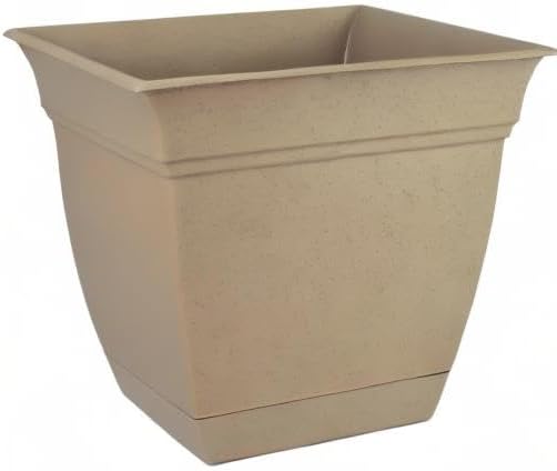 The HC Companies 12 Inch Eclipse Square Planter with Saucer – Indoor Outdoor Plant Pot for Flowers Vegetables Herbs, Sandstone