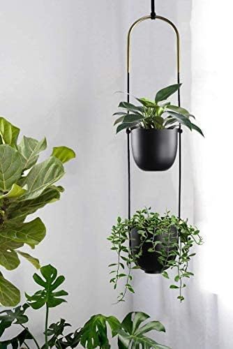 Modern Metal Hanging Planter for Indoor Outdoor Plants with Hook 2 Tier Boho Wall and Ceiling Flower Pots Baskets Holder Home Office Decor(Black)