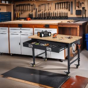 48x24 Inch Heavy-Duty Adjustable Workbench with Rubber Wood Top – 2000LB Capacity Mobile Garage Workstation with Drawer, Ideal for Workshop, DIY & Tool Storage