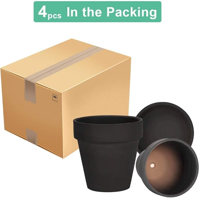 vensovo 6 Inch Black Terracotta & Clay Pots for Plant with Saucer - 4 Pack Medium Terra Cotta Planter with Drainage Hole, Flowerpot for Indoor Outdoor Plants, Crafts, Wedding Favor