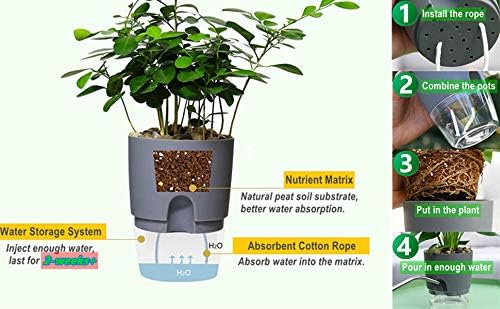 Self Watering Planter for Indoor Plants, 2 Pack 9.3 Inch Flower Pot Modern Decorative Plastic Planter with Extra Large Water Storage for All House Plants, Flowers, Herbs(Gray)