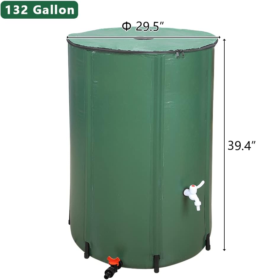 Collapsible Rain Barrel, 132 Gallon Portable Rainwater Collection System, Water Storage Tank, Rain Catcher Barrel with Two Spigots and Overflow Kit, Rain Water Barrel Collector for Garden, Green