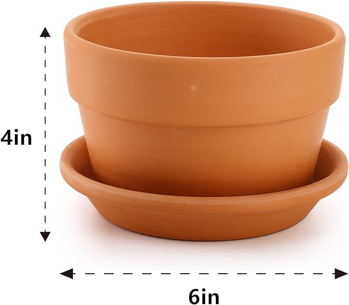 Suwimut 4 Pack Terracotta Pots with Saucer, 6 Inch Large Terra Cotta Plant Pot with Drainage Hole, Clay Flower Planter Pot with Tray for Indoor Outdoor Plant