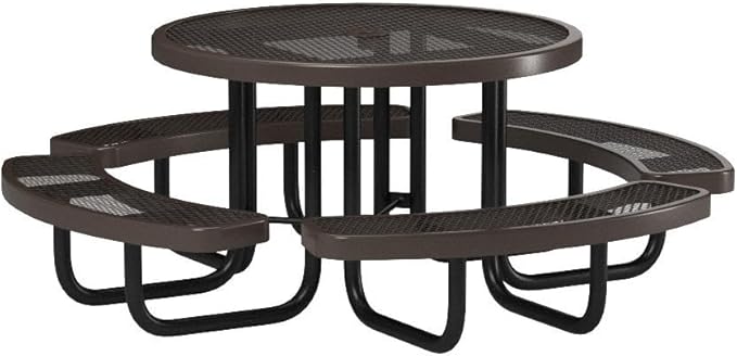 Heavy-Duty Portable Outdoor Picnic Table with Umbrella Hole, Expanded Metal Commercial-Grade Patio Dining Furniture Made in America (46" Round Top, Brown)