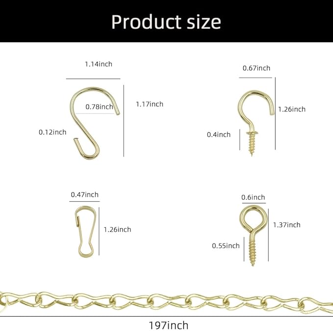 197 Inch Gold Hanging Baskets - Adjustable Length, Brass Decorative Metal Chain with A Great Assortment of Hooks for Hanging Bird Feeders Planters Baskets Billboards Ornaments, Chain Hooks DIY