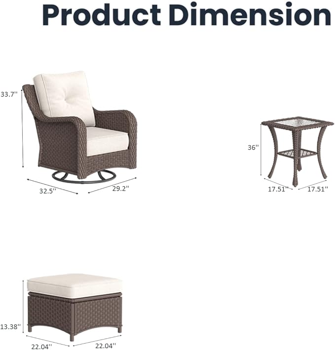 5 Pieces Outdoor Patio Furniture Sets with Rocking Swivel Chairs with 6-inch Thick Cushion and Side Table for Deck Lawn