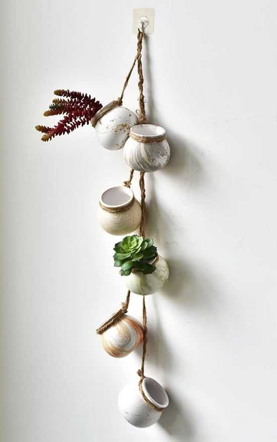 SOUJOY 6 Pack Hanging Succulent Planters, 4'' Mini Ceramic Wall or Ceiling Mount Dangling Plant Pot, Hanging Flower Pot with Jute Rope for Indoor Outdoor Decor, Light Beige