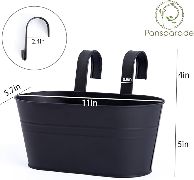 5 Pack Metal Hanging Flower Pots for Railing Fence,Outdoor Balcony Rail Planter with Garden Tools Detachable Hooks Drainage Holes for Deck Garden Home Decor Black