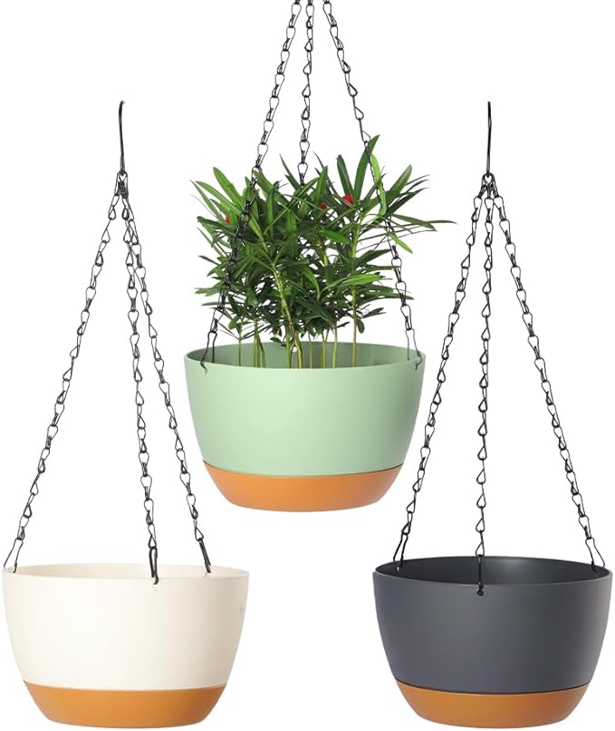 2 Pack Hanging Pots for Plants Outdoor Indoor, 10 Inch Hanging Planters with Drainage Hole (10 inch-White)