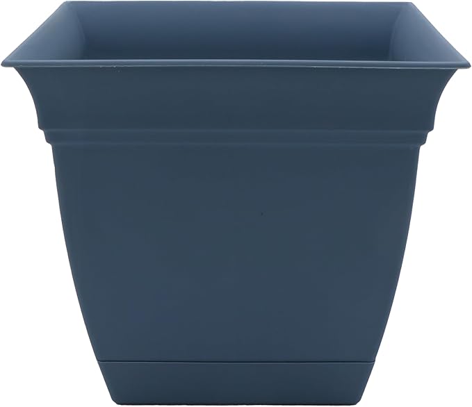 The HC Companies 12 Inch Eclipse Square Planter with Saucer - Indoor Outdoor Plant Pot for Flowers, Vegetables, and Herbs, Slate Blue