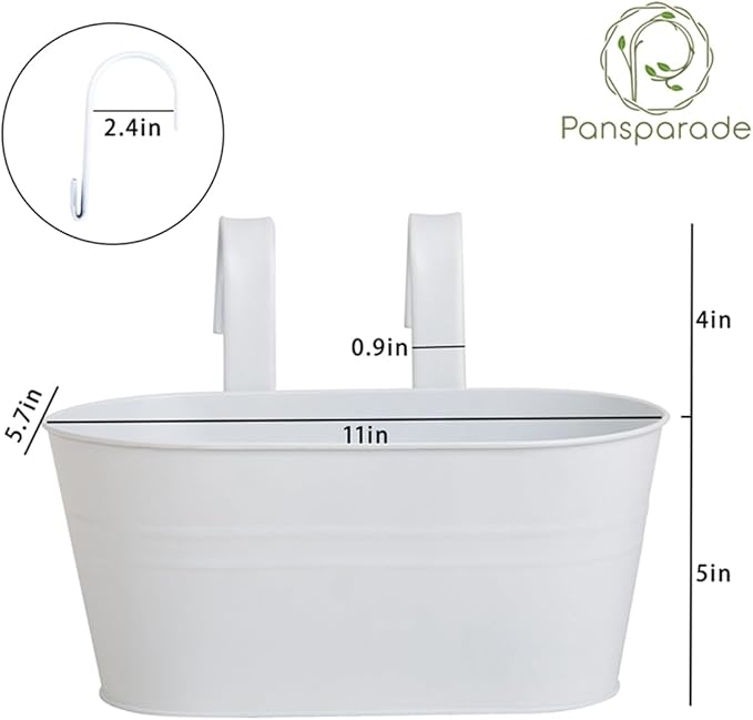 5 Pack Metal Hanging Flower Pots for Railing Fence,Outdoor Balcony Rail Planter with Garden Tools Detachable Hooks Drainage Holes for Deck Garden Home Decor White