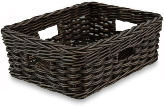 The Basket Lady Rectangular Low Wicker Storage Basket, Medium, 16 in L x 12 in W x 6 in H, Antique Walnut Brown