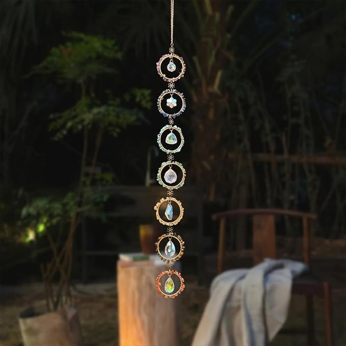 Crystal Sun Catcher Window Hanging 7 Chakra Spheres Gemstone Decor Hanging Ornament Natural Gem Wall Hangings Healing Crystal Decor Handmade Home Window Car Decoration Gift for Mom