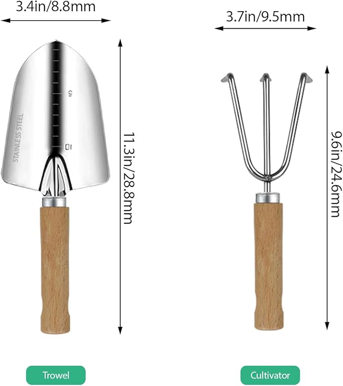 LeMotech Garden Tool Set, 2Pcs Gardening Hand Tools, Stainless Steel Trowel and Cultivator with Beech Handle, Outdoor Gardening Kit for Women Men