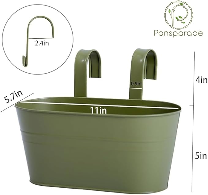 5 Pack Metal Hanging Flower Pots for Railing Fence,Outdoor Balcony Rail Planter with Garden Tools Detachable Hooks Drainage Holes for Deck Garden Home Decor Green