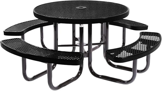 Coated Outdoor Furniture Heavy-Duty Portable Outdoor Picnic Table with Umbrella Hole, Expanded Metal Commercial-Grade Patio Dining Furniture Made in America (46" Round Top, Textured Black)