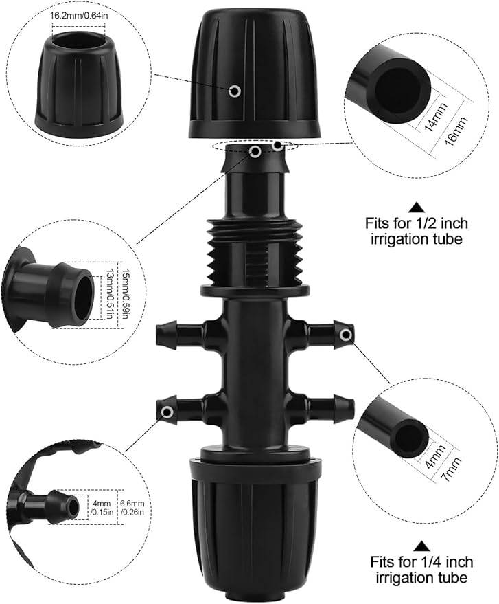 Kalolary 20PCS Barbed Tee 1/2" to 1/4" Drip Irrigation Fittings, Anti-Drop Barbed Hose Parts Connectors for 12mm/16mm to 4mm/7mm Drip Systems 6 Way Adapter(Black)