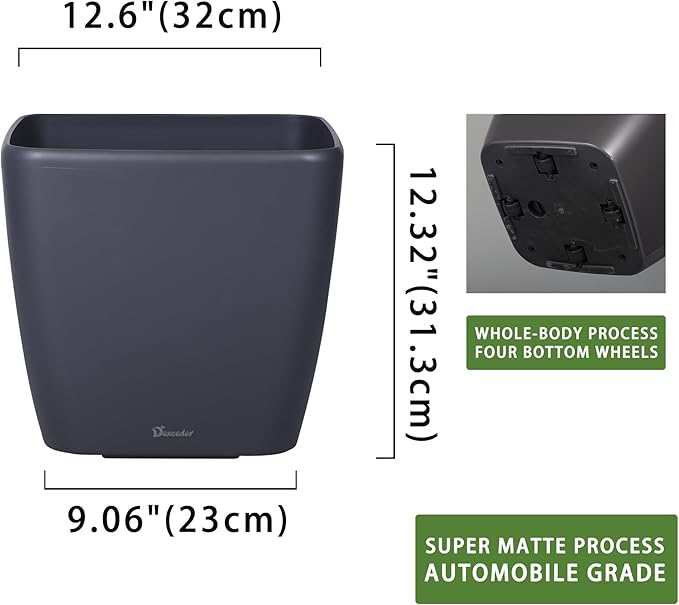 Dexceder 13x12 Self Watering Planter with Wheels Indoor Outdoor, Inner Mat Design, Thickened Large Floor Standing Flower Plant Pot with Water Level Indicator (Slate Gray Matte)
