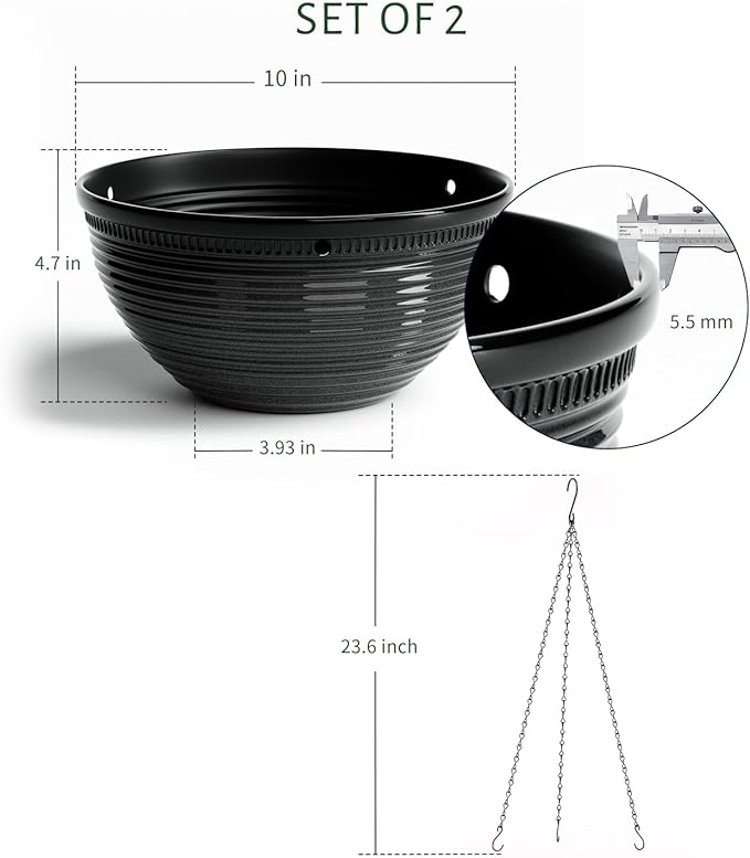2 Pack Hanging Planters for Indoor Outdoor Plants, 10 Inch Hanging Planter with Drainage Hole & Plug Glazed Hanging Baskets Flower Pots for Garden Home (Black)