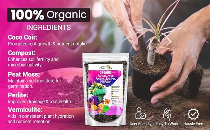 Organic Autoflower Potting Soil Mix β Ready-to-Use Living Soil, No Fertilizers Needed β Balanced Nutrients, Light Texture, Excellent Drainage, Boosts Germination & Root Growth (5 quarts)