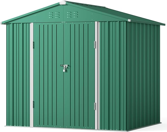 Gizoon Outdoor Storage Shed 8 x 6 FT, Galvanized Metal Garden Shed with Double Lockable Doors, Outdoor Storage Clearance for Backyard Patio Lawn-Green
