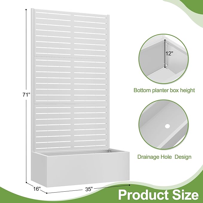 Trellis for Climbing Plants Outdoor,Mental Garden Bed with Drainage Holes Outdoor Privacy Screen Design Tall planters for herb Flower Vegetables 73"x35"x16", White-Louvered