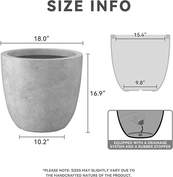 Kante 18 Inch Dia Round Concrete Planter, Indoor Outdoor Large Plant Pot with Drainage Hole and Rubber Plug for Home Patio Garden, Natural Concrete