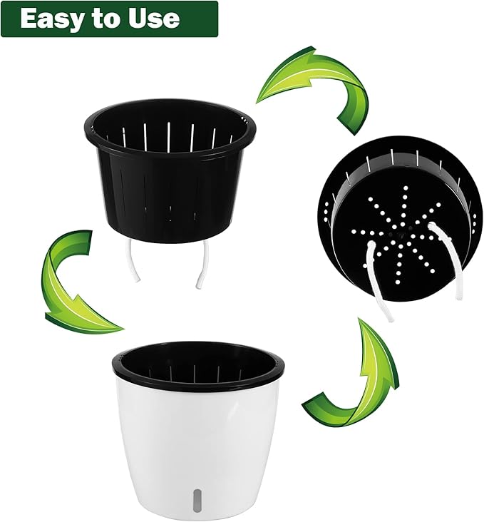 Planterhoma 6.7 Inch Self Watering Pots for Indoor Plants, 4 Packs White African Violet Pots with Water Indicator and Black Wick Pots, Self Watering Planters for Devil's Ivy, Indoor Plant Pots