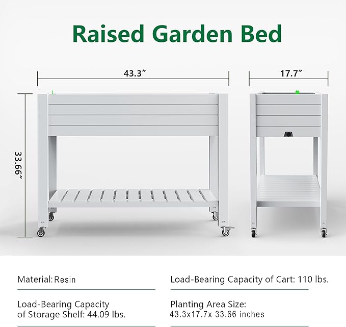 Elevated Horticulture Raised Garden Bed with Legs, Divisible Raised Resin Planter Box for Backyard, Patio, Balcony, with 4 Legs, 4 Swivel Lockable Wheels, and Storage Shelf,Ashen