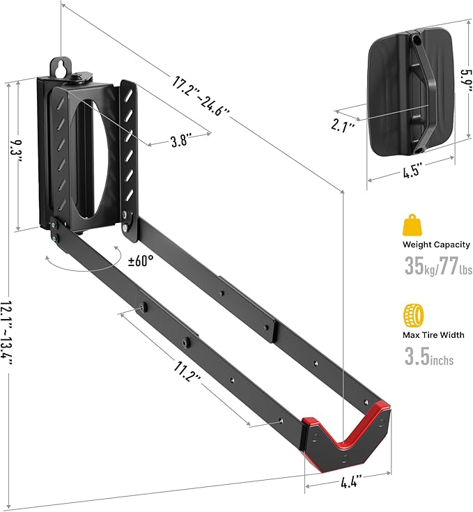 monTEK Swivel Bike Wall Mount, No Heavy Lifting Required Bike Wall Mount, Bike Hangers for Garage, Space-Saving Bike Rack Garage, Easy to Load and Unload, Bike Hanger Can Hold Up to 77 lbs, 4 Pack