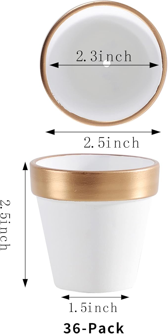 Yishang 36 pcs Small Mini White&Gold Clay Pots, 2.5'' Terracotta Pot Clay Ceramic Pottery Planter,Cactus Flower Terra Cotta Pots,Succulents Nursery Pots,with Drainage Hole, for Crafts,Wedding Favor