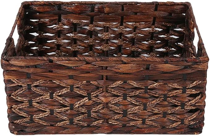 Rectangular Woven Water Hyacinth Basket,Dark Storage Basket With Inside Handle Shelves Kitchen Office Desk (Small)