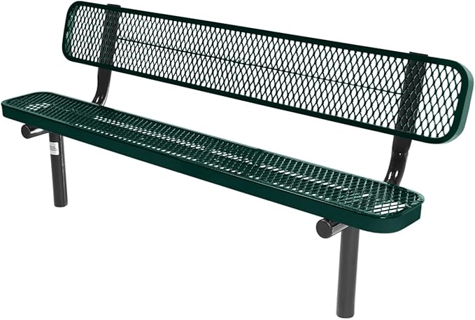 Coated Outdoor Furniture Heavy-Duty Outdoor Bench Thermoplastic Coated, Expanded Metal, Commercial-Grade Seating, Made in America (Inground with Back, 6 Ft, Dark Green)