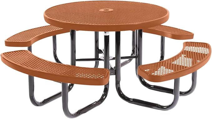 Heavy-Duty Portable Outdoor Picnic Table with Umbrella Hole, Expanded Metal Commercial-Grade Patio Dining Furniture Made in America (46" Round Top, Textured Copper)