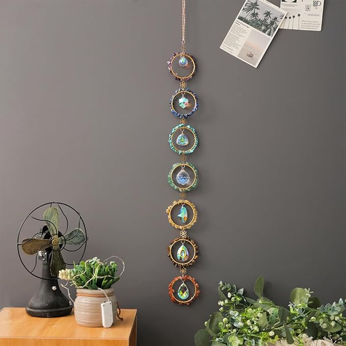 Crystal Sun Catcher Window Hanging 7 Chakra Spheres Gemstone Decor Hanging Ornament Natural Gem Wall Hangings Healing Crystal Decor Handmade Home Window Car Decoration Gift for Mom