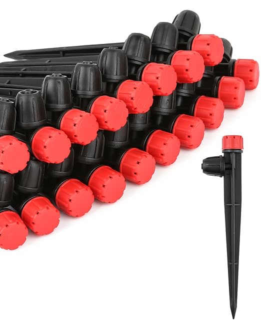 50pcs Drip Irrigation Emitters with Stake, Adjustable 360 Degree Water Flow Lock Barbed Dripper for 1/4" Drip Irrigation Tubing,Garden Irrigation Sprayer for (4-7mm) Watering System