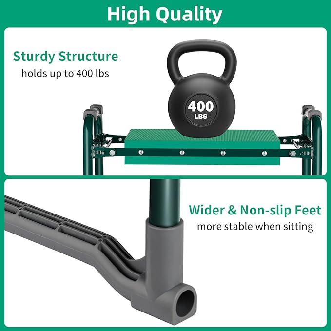 TomCare Garden Kneeler and Seat 10.24” Wide Kneeling Pad Garden Bench with 2 Tool Pouches Heavy Duty Stable Garden Stool Foldable Garden Tools Gardening Gifts for Women Men Seniors Gardeners, Green