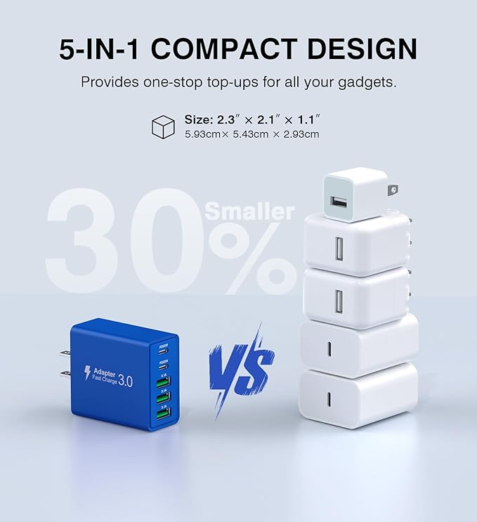 USB C Wall Charger, 50W USB C Charger Block 2-Pack 5-Port PD Fast Charging Blocks,Multiport 2USB C+3USB A Plug,Type C Power Adapter Brick Cube for iPhone 16/15/14/13,Samsung,for Switch(Dark Blue)