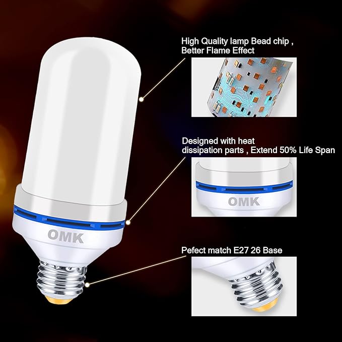 OMK 4 Pack Flickering Light Bulbs Christmas Decorations Sunlight LED Flame Effect Light Bulbs 4 Modes Fire Flickering Light Bulbs for Party Indoor Outdoor Decor Holiday Gifts