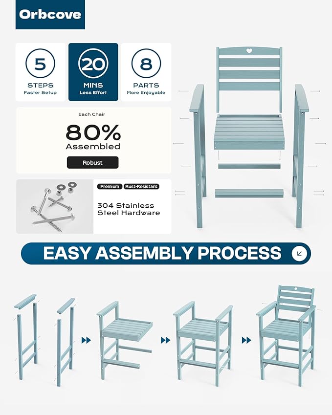 Tall Adirondack Chairs Set of 4, HDPE Wood Balcony Adirondack Chairs Set with Heart Cutout Design, Weather-Resistant Bar Height Furniture for Deck, Porch, Pool (Light Blue)