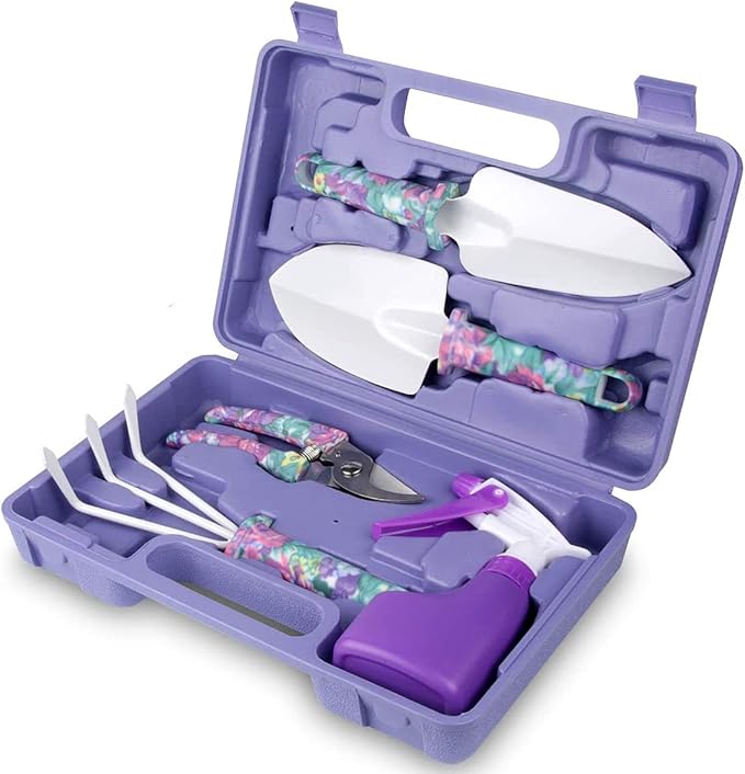 Gardening Tools Set, Unique Gardening Gifts for Women, Gardening Hand Tools with Purple Carrying Case, Gardening Kit for Home Gardening Flowers Potted Trim Loosing Planting Tools (5purple)