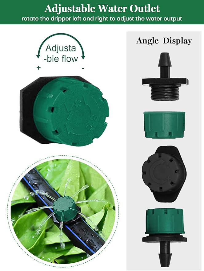 Kalolary 200Pcs Adjustable Irrigation Drippers, 1/4 Inch Barbed Drip Emitter 360 Degree Watering Sprinklers Anti-Clogging Drippers for 4mm/7mm Garden Watering System(Dark Green)