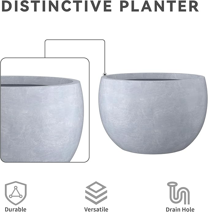 Kante 19.9",15.7",11.8" Dia Round Concrete Planter Set of 3, Outdoor/Indoor Large Bowl Plant Pots with Drainage Hole and Rubber Plug for Garden Patio Balcony Home, Gray