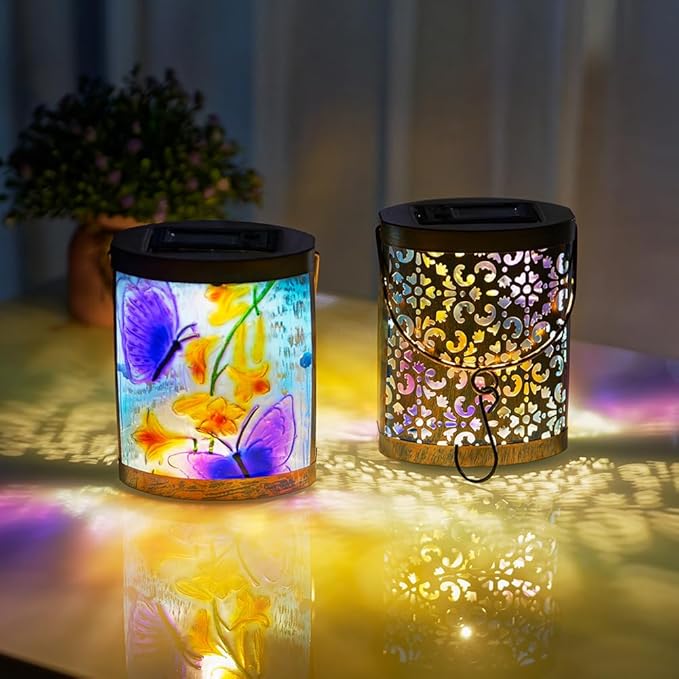 2 Pack Purple Butterfly Hanging Solar Lights for Outside Waterproof Glass Solar Lantern for Tabletop Garden Patio Decor