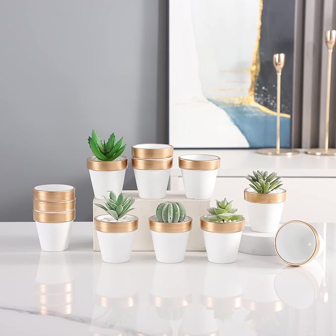 Yishang 36 pcs Small Mini White&Gold Clay Pots, 2.5'' Terracotta Pot Clay Ceramic Pottery Planter,Cactus Flower Terra Cotta Pots,Succulents Nursery Pots,with Drainage Hole, for Crafts,Wedding Favor