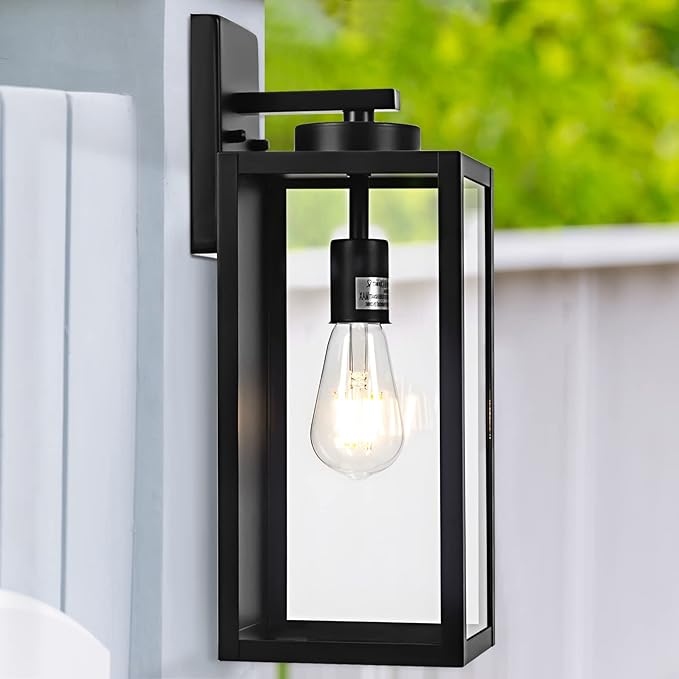 Outdoor Wall Light Fixture, Large 16" Exterior Black Lantern Waterproof, Farmhouse Porch Sconce Lighting with Glass, Modern Wall-Mounted Outside Lights for House, Garage, Patio Lamp