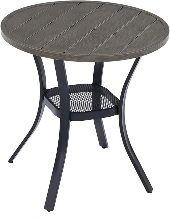 VICLLAX 27.5" Outdoor Round Patio Table for Lawn Garden, All Weather Metal Round Patio Dining Table with Storage Shelf, 2 Person Small Patio Table, Grey Wood-Like Tabletop