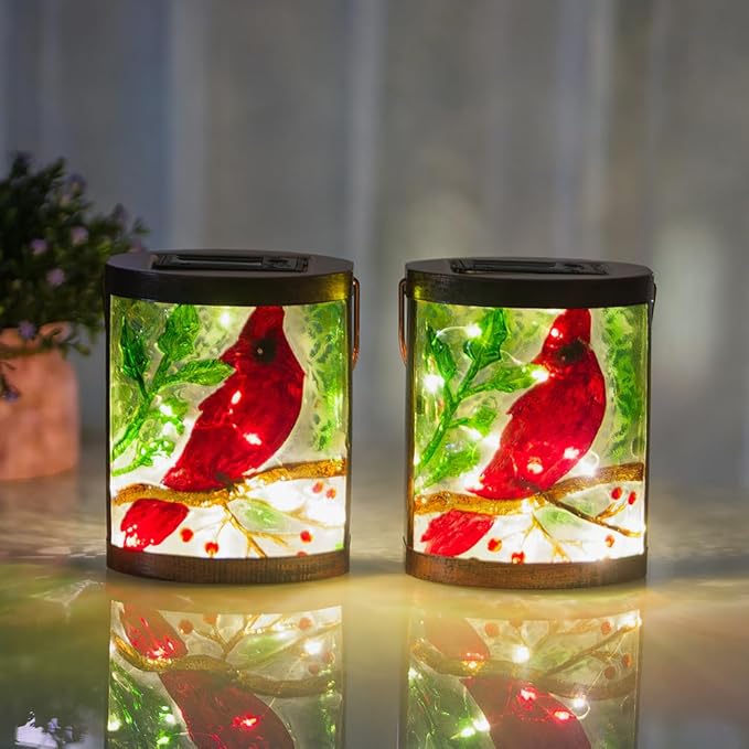 2 Pack Cardinal Solar Lanterns Outdoor Waterproof LED Light Hanging Solar Lantern Glass Tabletop Lamp for Patio Garden