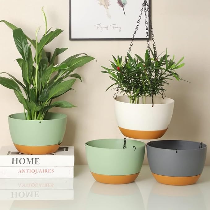 Hanging Planters for Indoor Plants (10 Inch, 2 Pack) Hanging Flower Pots Self Watering, Hanging Planter with Drainage Hole & 2 Kinds of Plant Hangers, Garden Home Decor (Black)